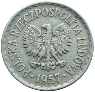 Awers monety 1 zł z 1957 roku